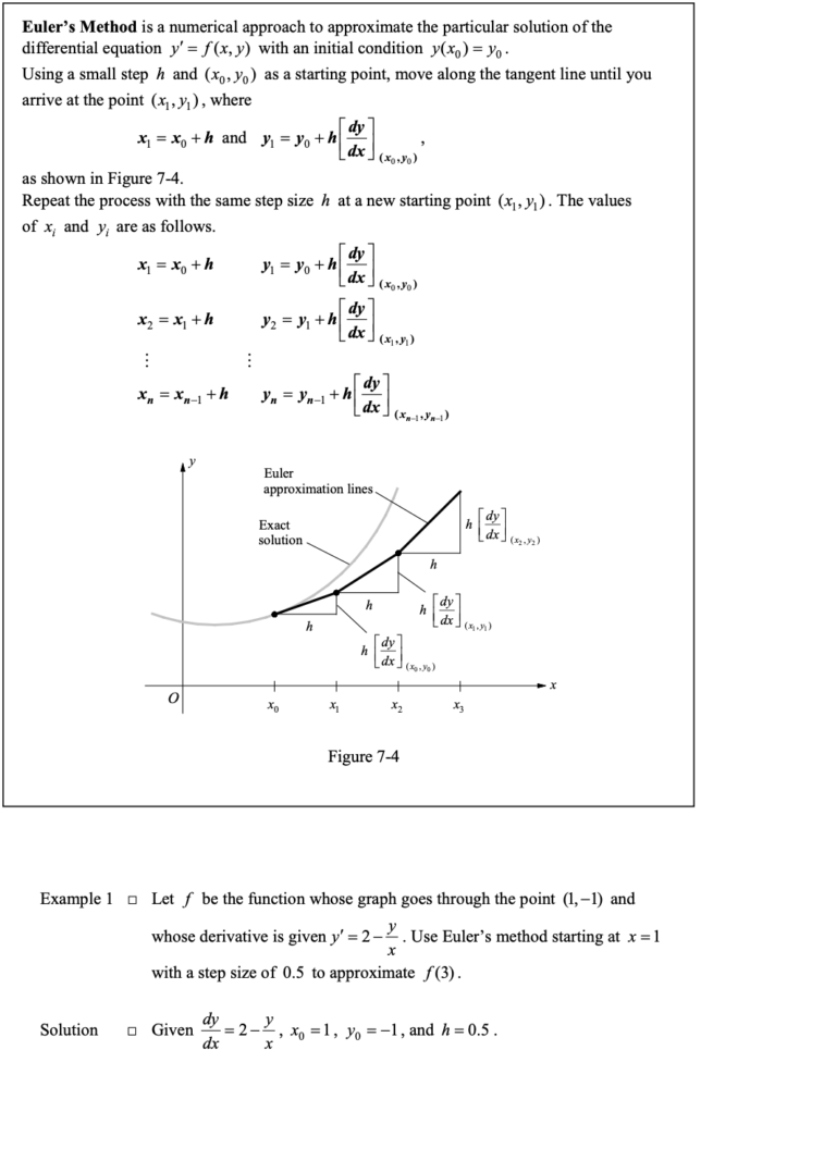 Euler’s Method is a numerical technique used to approximate solutions of ordinary differential equations (ODEs). It’s particularly useful when we can’t find an exact analytical solution. Let’s explore how it works and its applications: